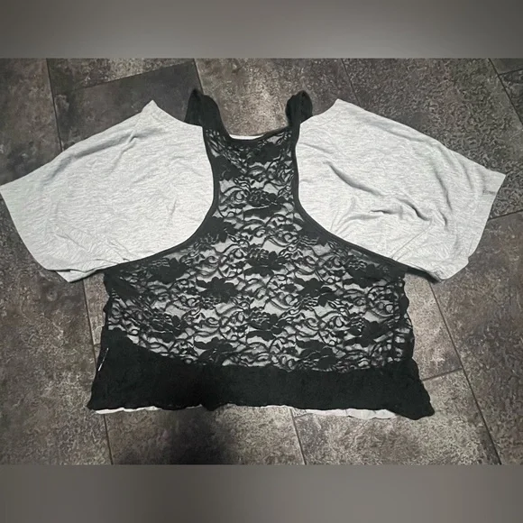 Totally 80’s Grey Off the Shoulder Top with Black Lace Overlay Tank - Picture 3 of 4